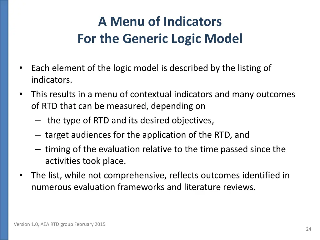a menu of indicators for the generic logic model