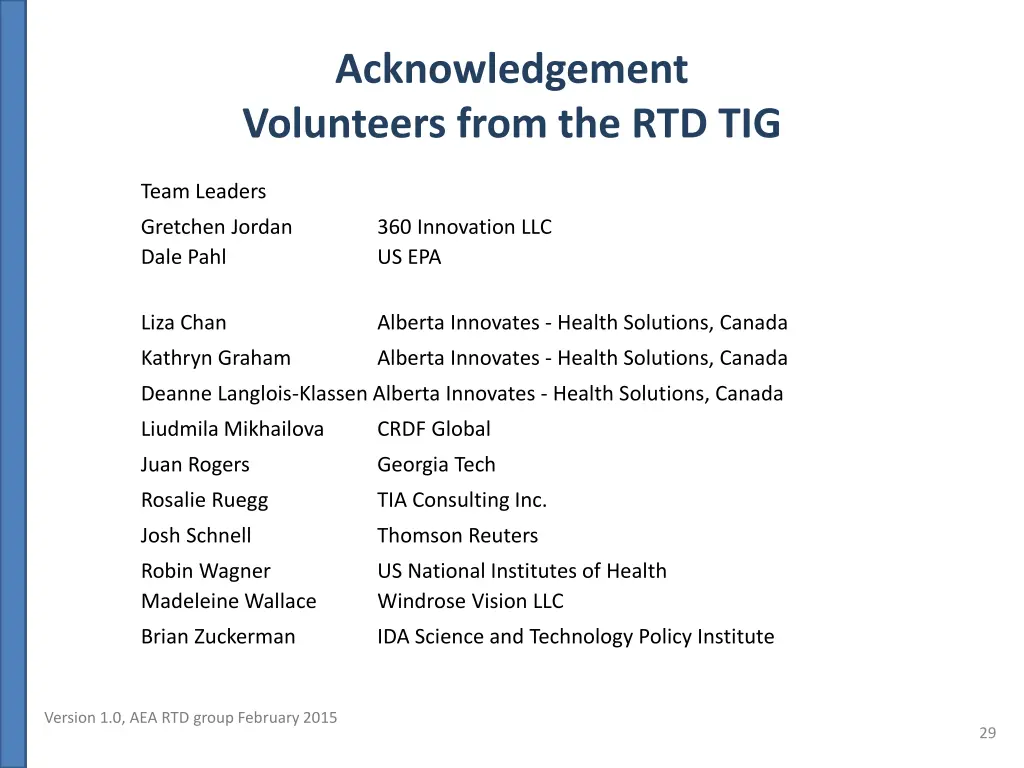 acknowledgement volunteers from the rtd tig