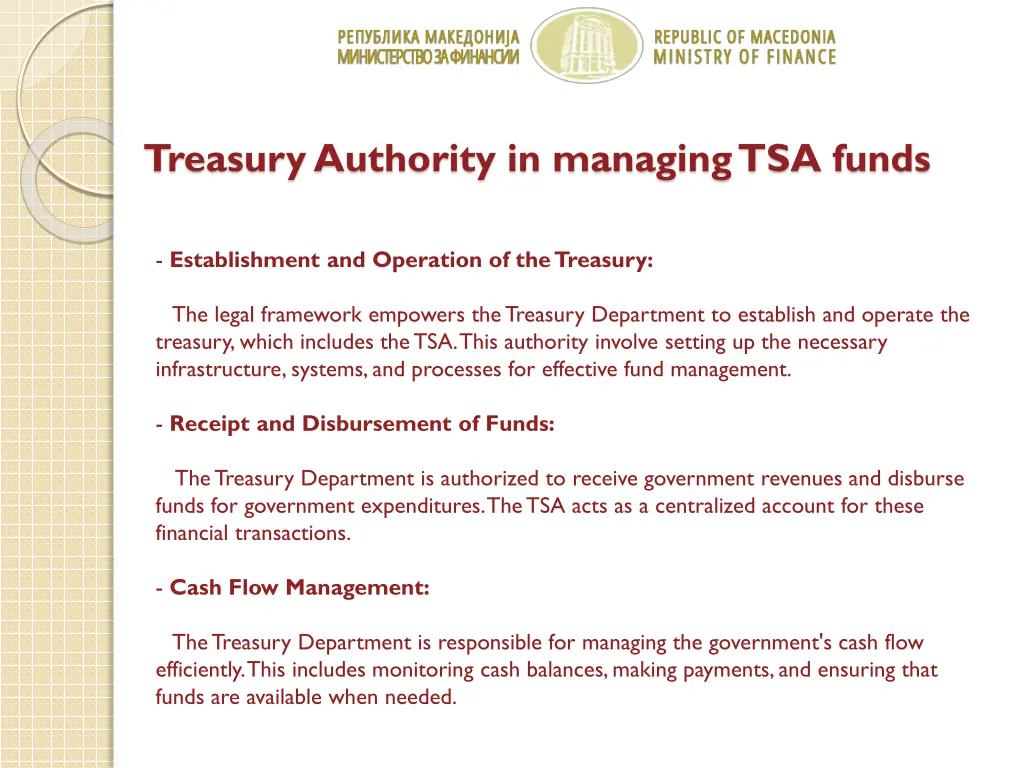 treasury authority in managing tsa funds