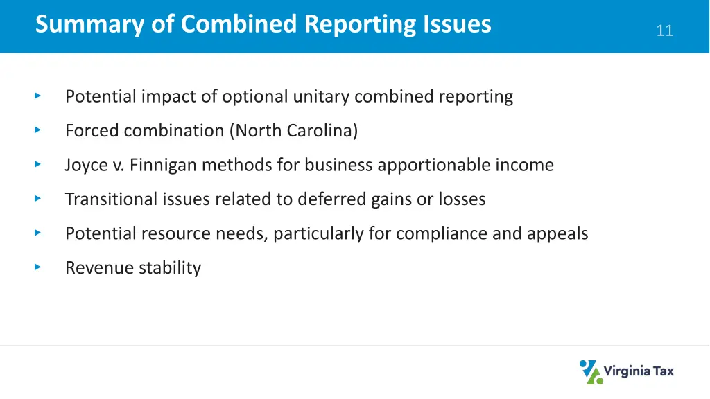 summary of combined reporting issues