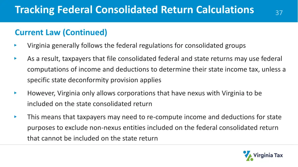 tracking federal consolidated return calculations 1