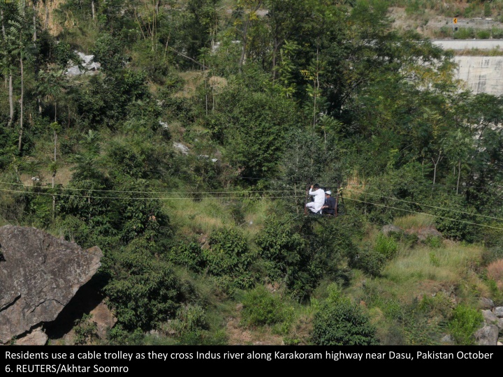 residents use a cable trolley as they cross indus