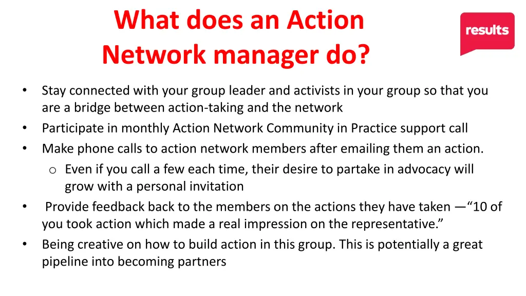 what does an action network manager do