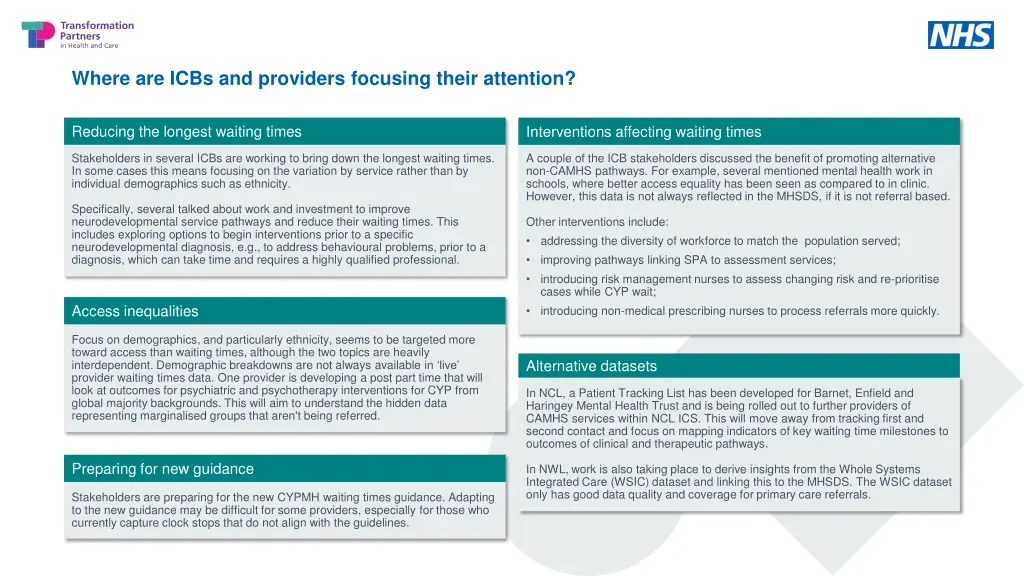 where are icbs and providers focusing their