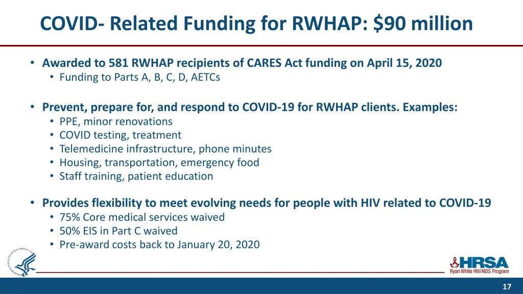 covid related funding for rwhap 90 million
