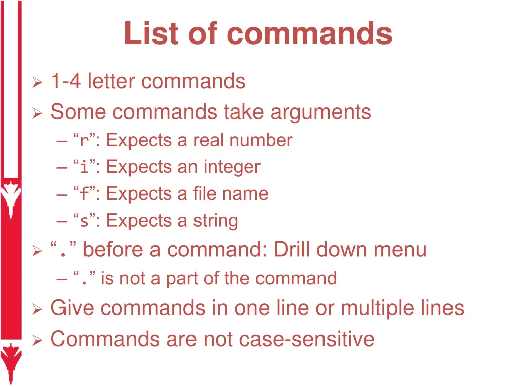 list of commands