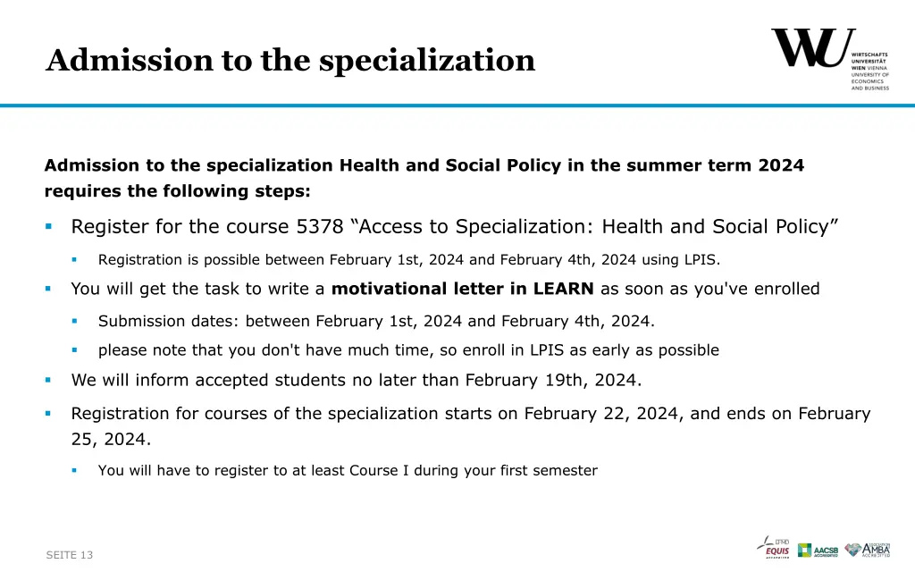 admission to the specialization