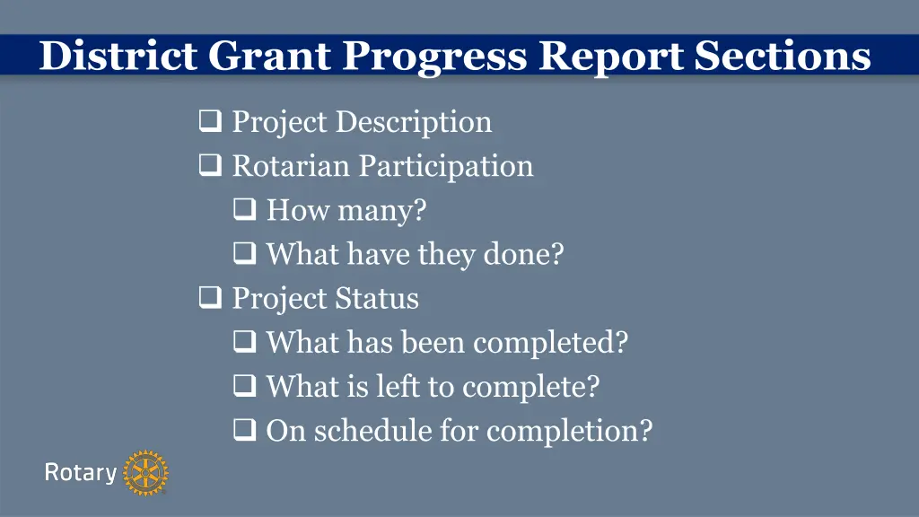 district grant progress report sections