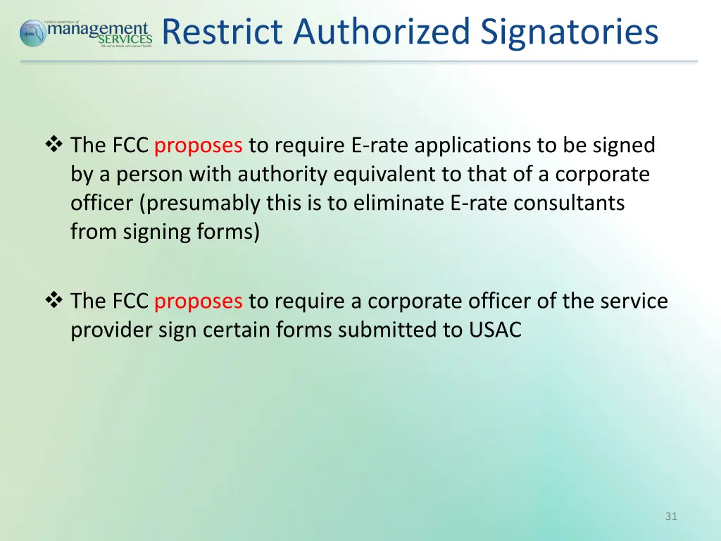 restrict authorized signatories