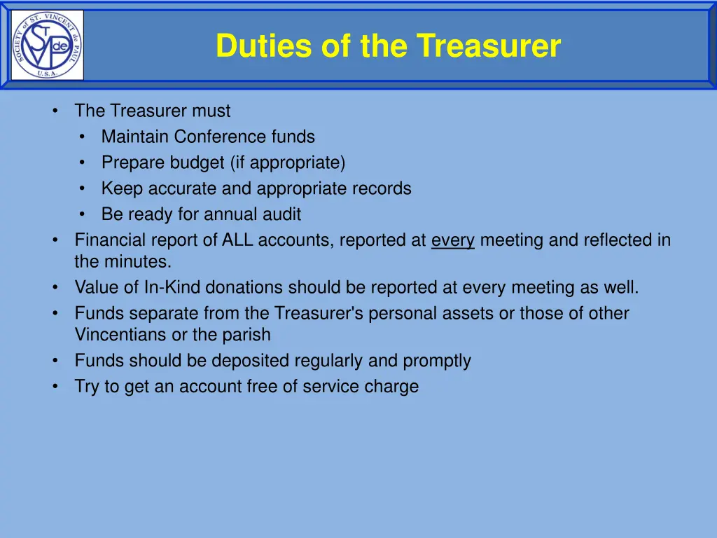 duties of the treasurer