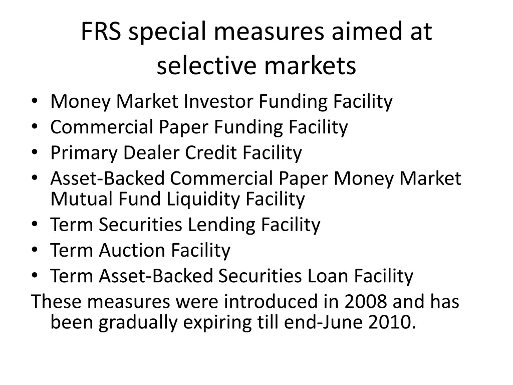 frs special measures aimed at selective markets