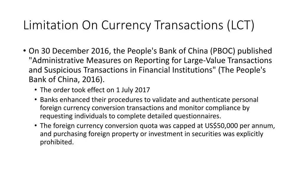 limitation on currency transactions lct