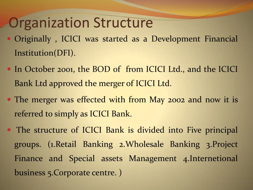 organization structure originally icici