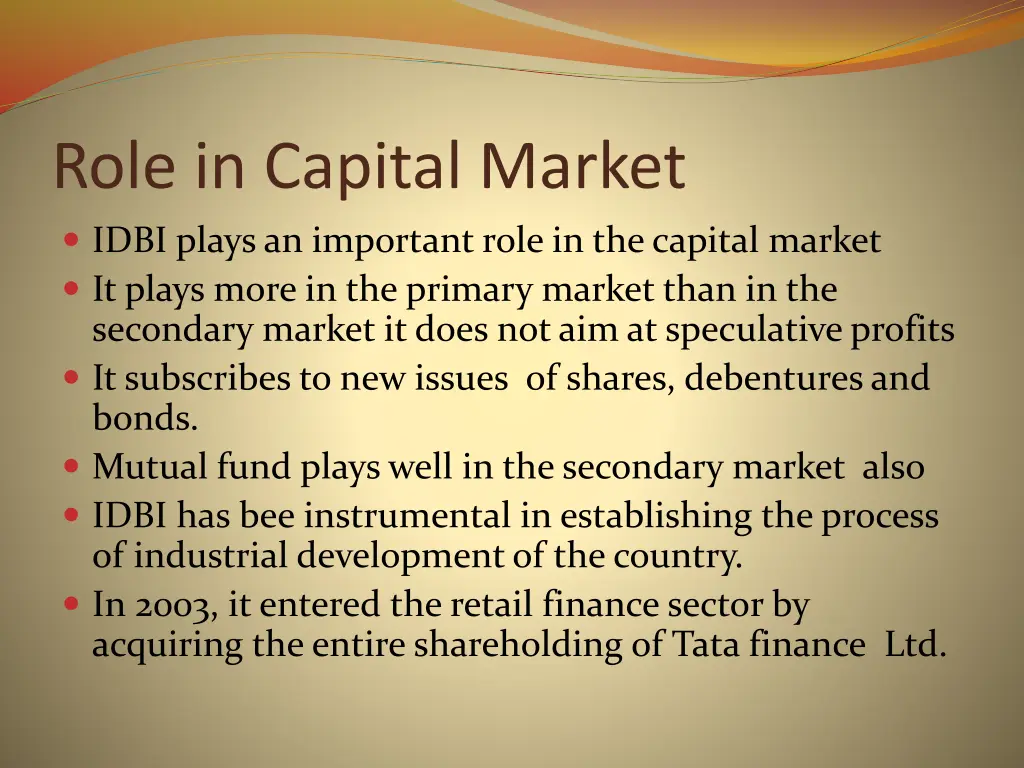 role in capital market idbi plays an important