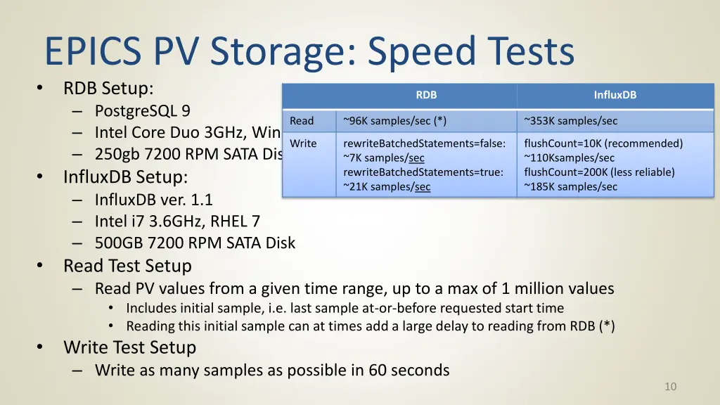 epics pv storage speed tests rdb setup postgresql