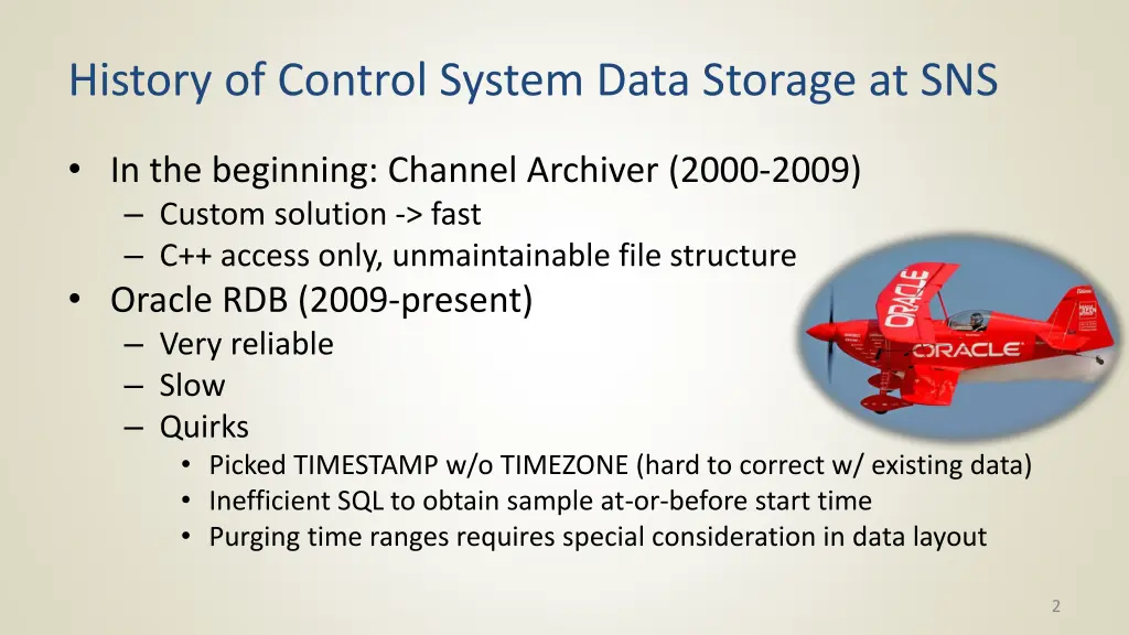history of control system data storage at sns