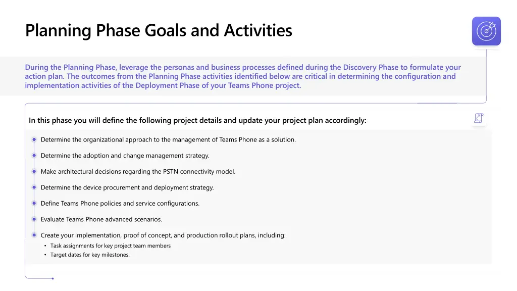 planning phase goals and activities