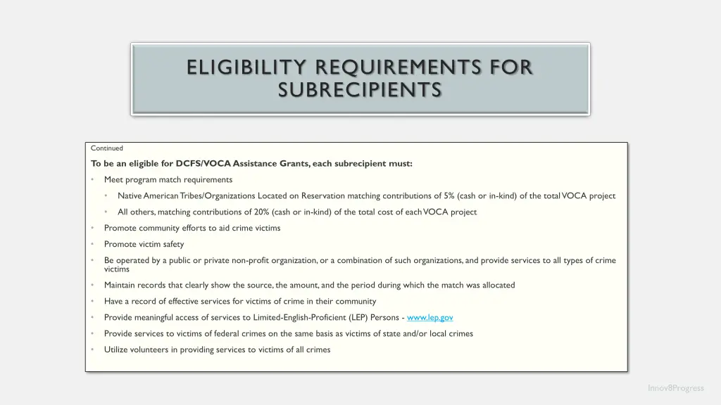 eligibility requirements for subrecipients 1