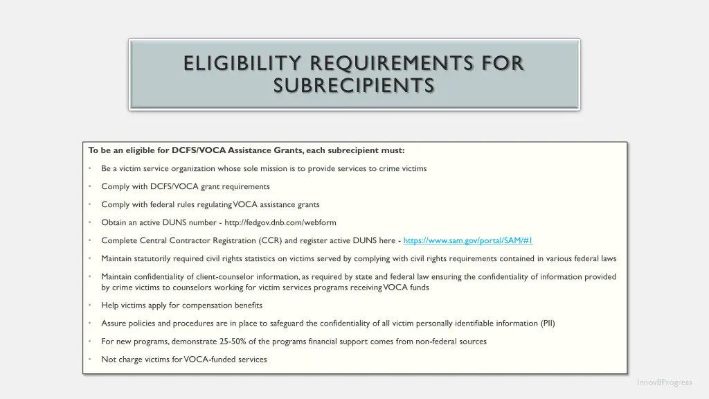 eligibility requirements for subrecipients