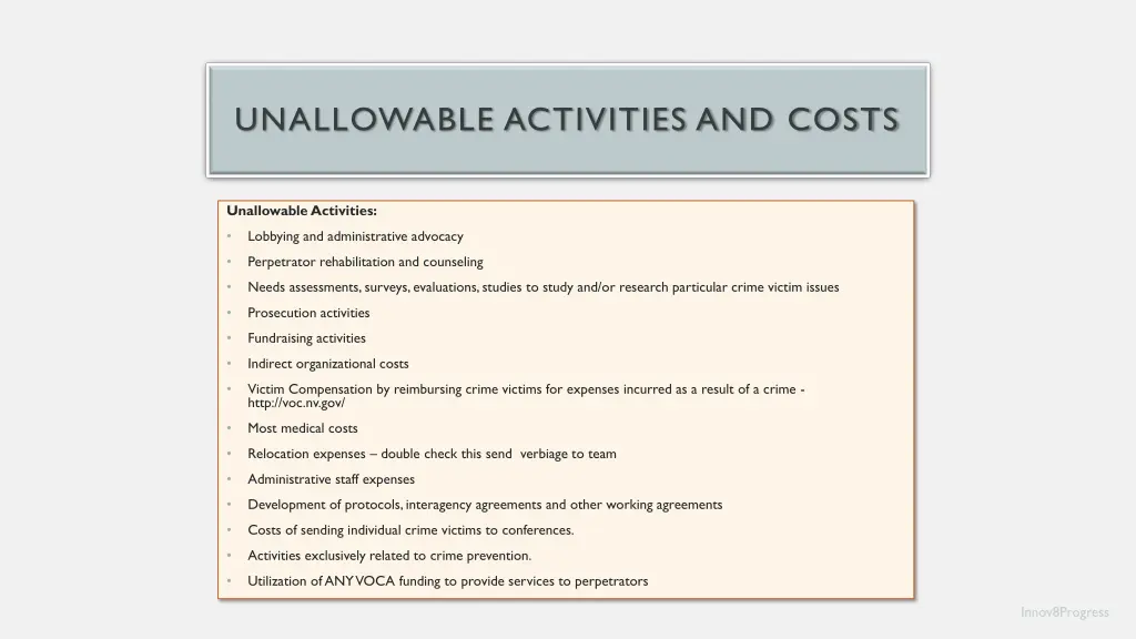 unallowable activities and costs