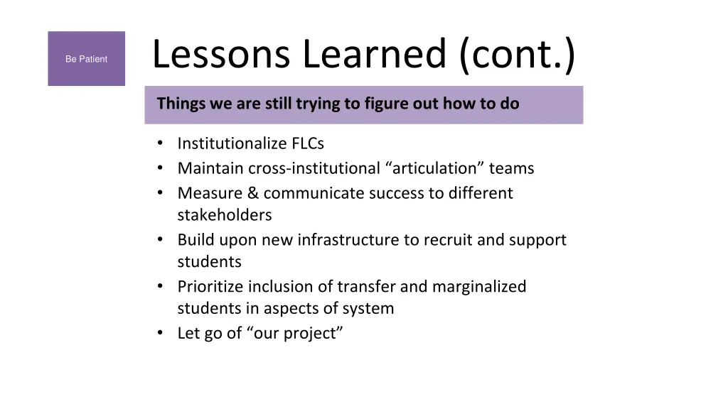 lessons learned cont