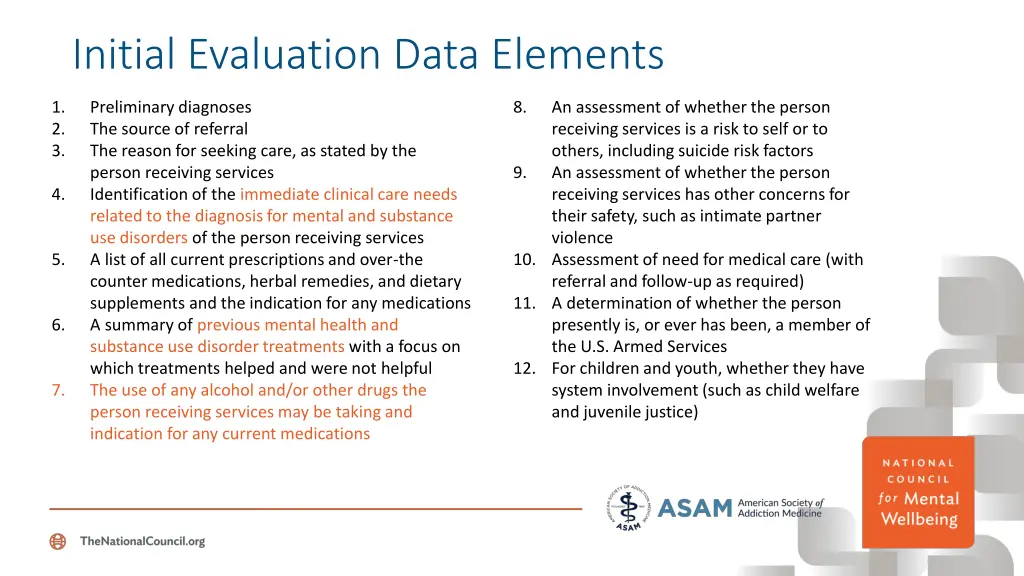 initial evaluation data elements