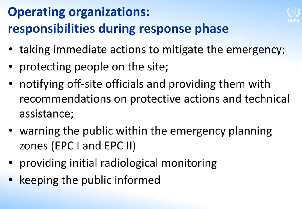 operating organizations responsibilities during