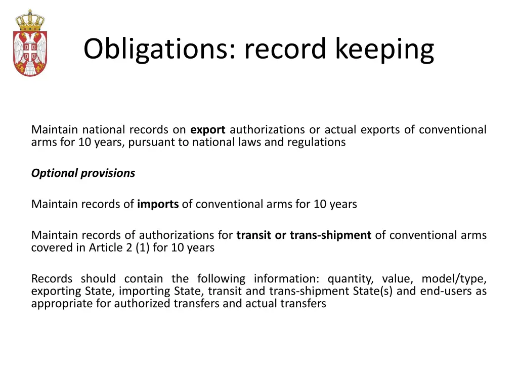 obligations record keeping