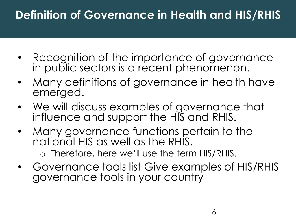 definition of governance in health and his rhis