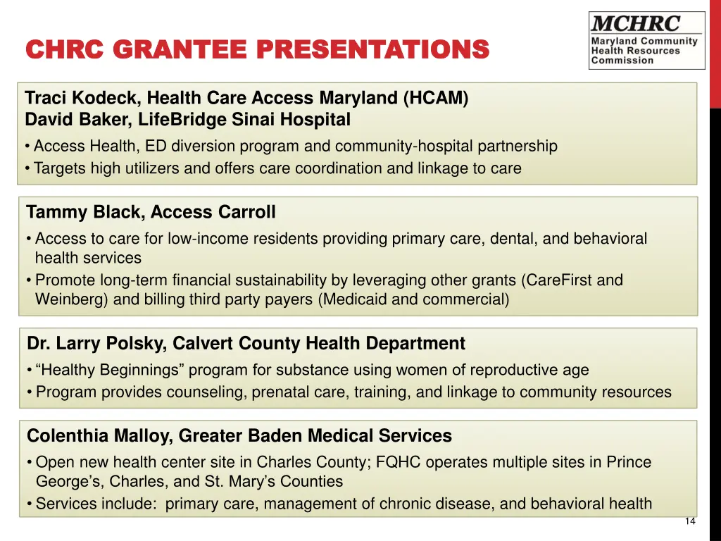 chrc grantee presentations chrc grantee