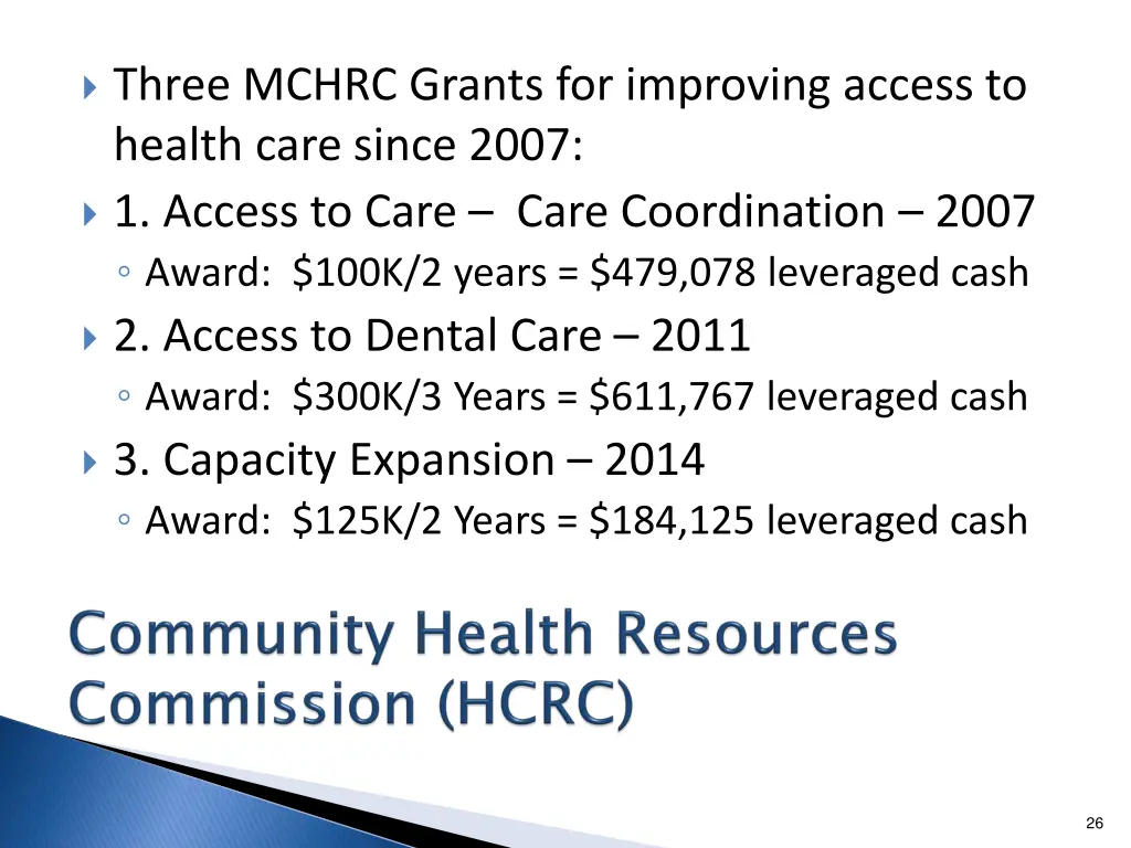 three mchrc grants for improving access to health