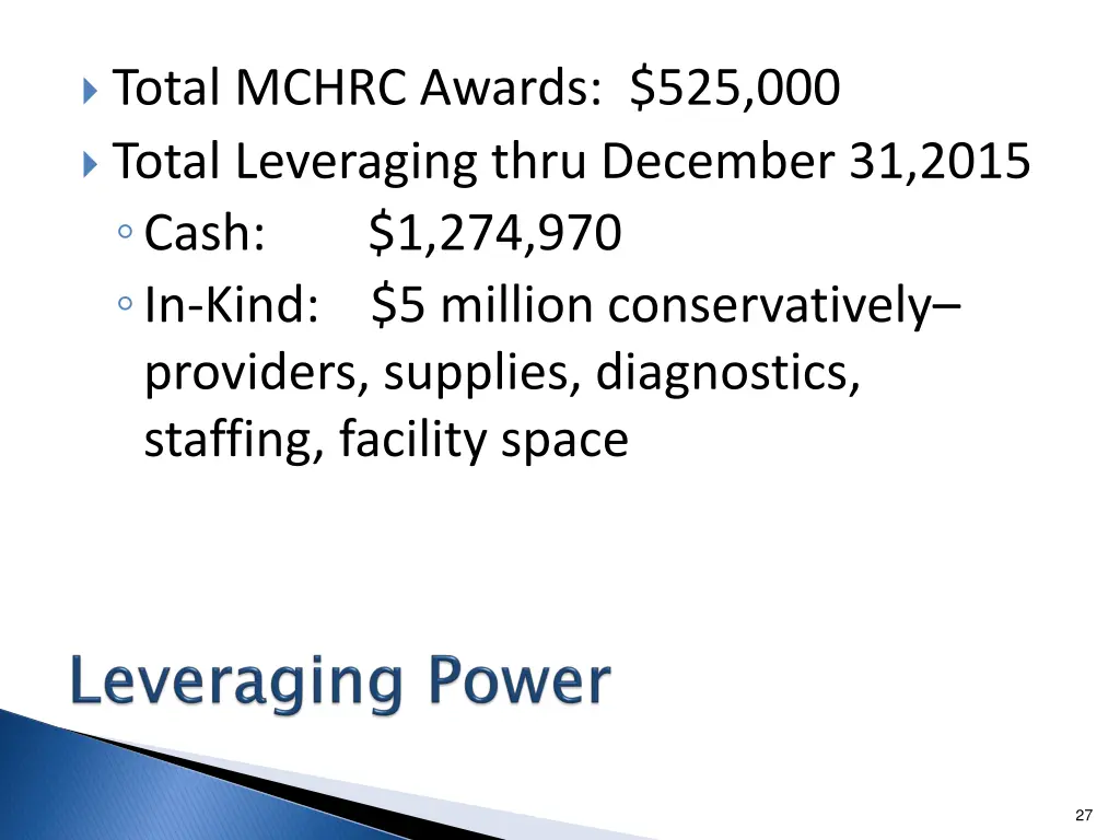 total mchrc awards 525 000 total leveraging thru