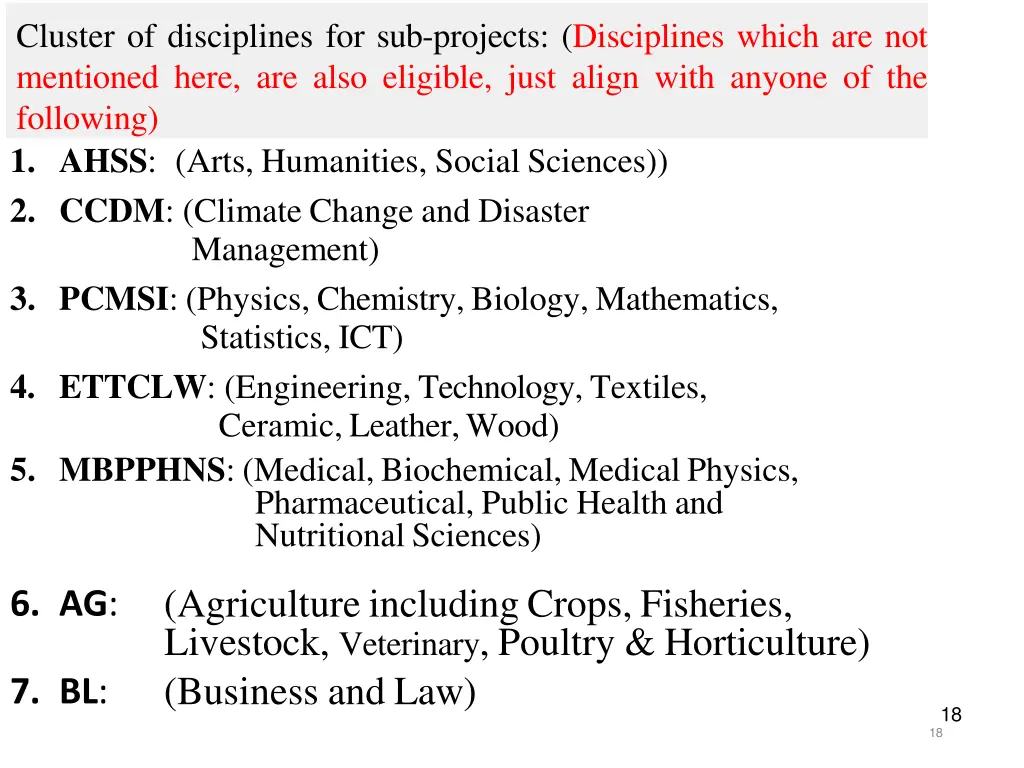 cluster of disciplines for sub projects