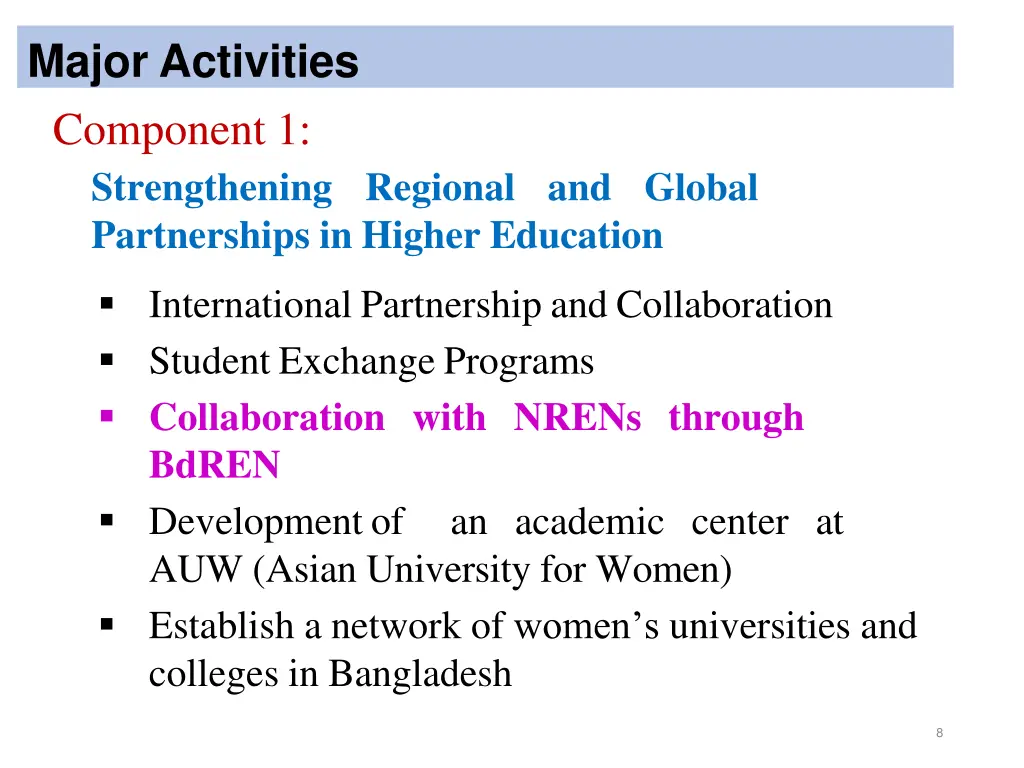 major activities component 1 strengthening