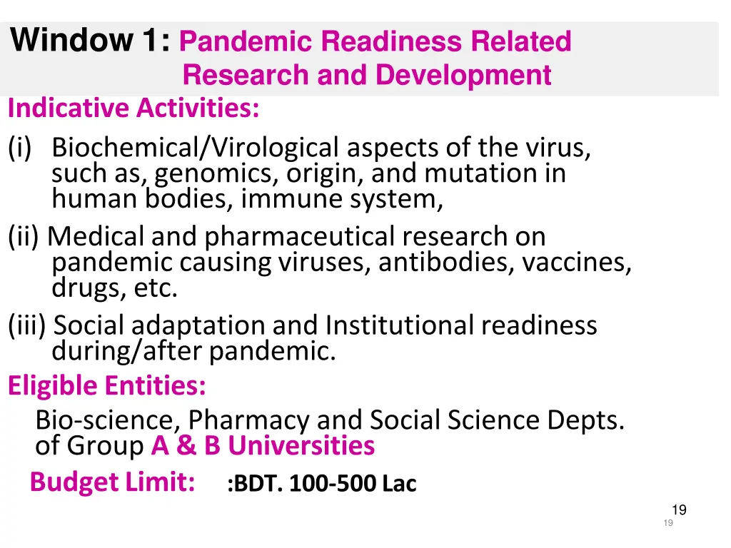window 1 pandemic readiness related research