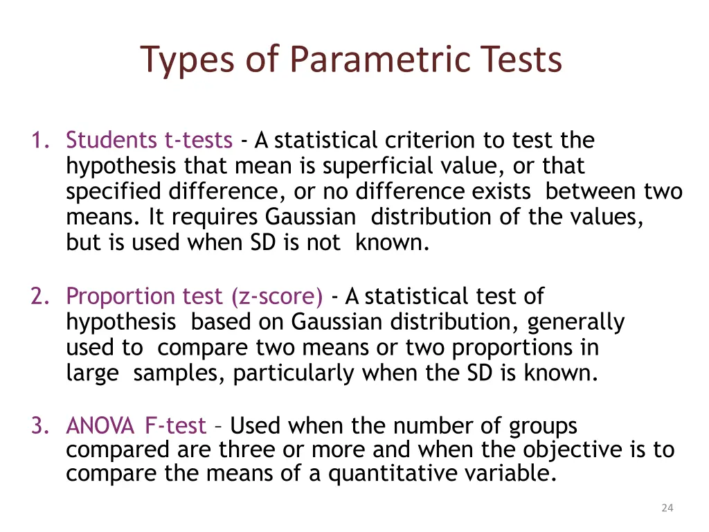 types of parametric tests