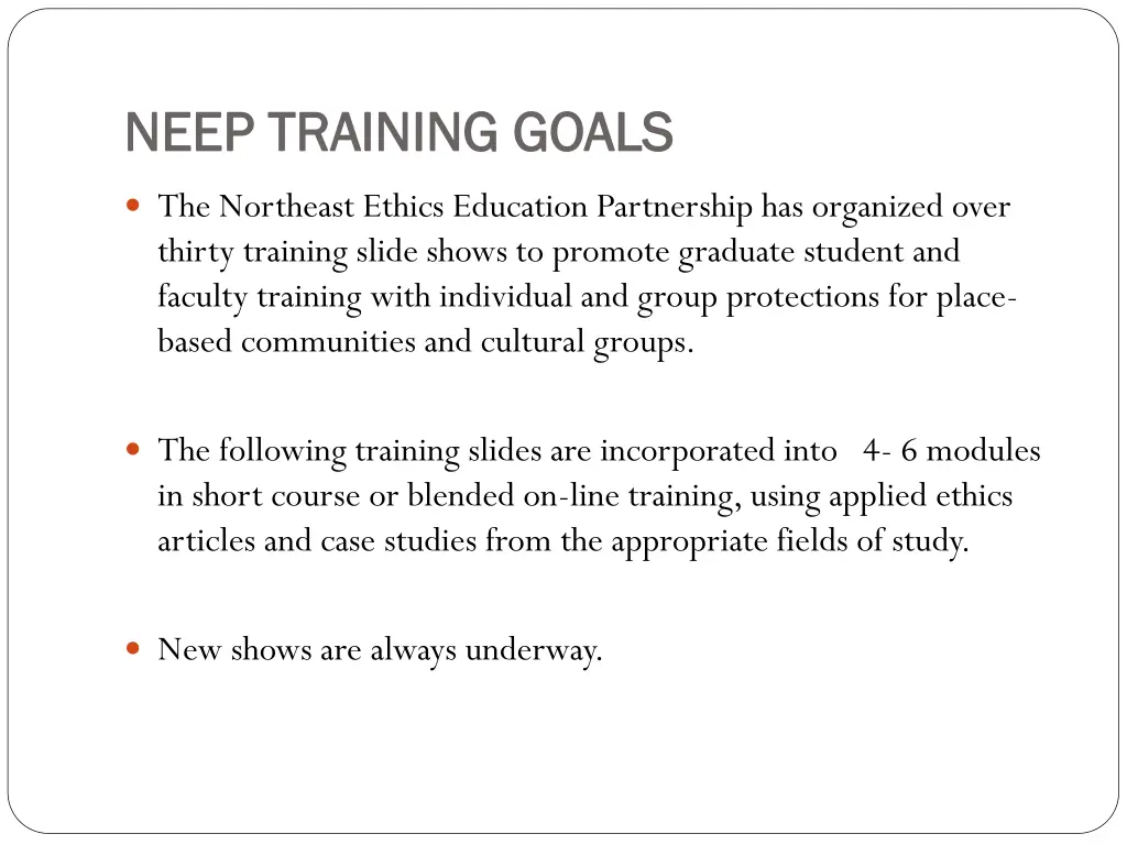 neep training goals neep training goals