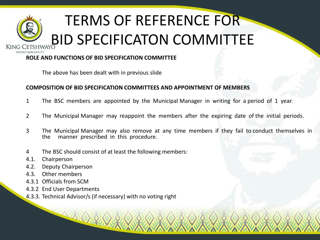 terms of reference for bid specificaton committee