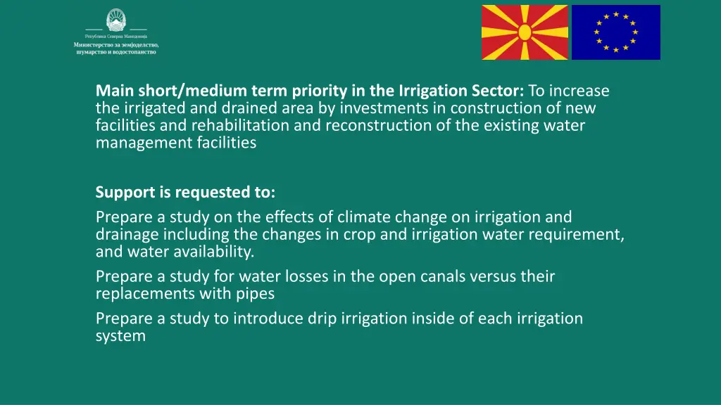main short medium term priority in the irrigation