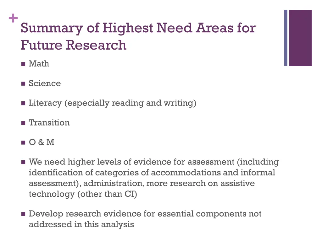 summary of highest need areas for future research