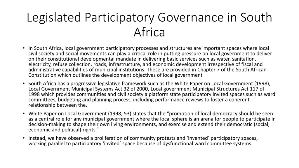 legislated participatory governance in south