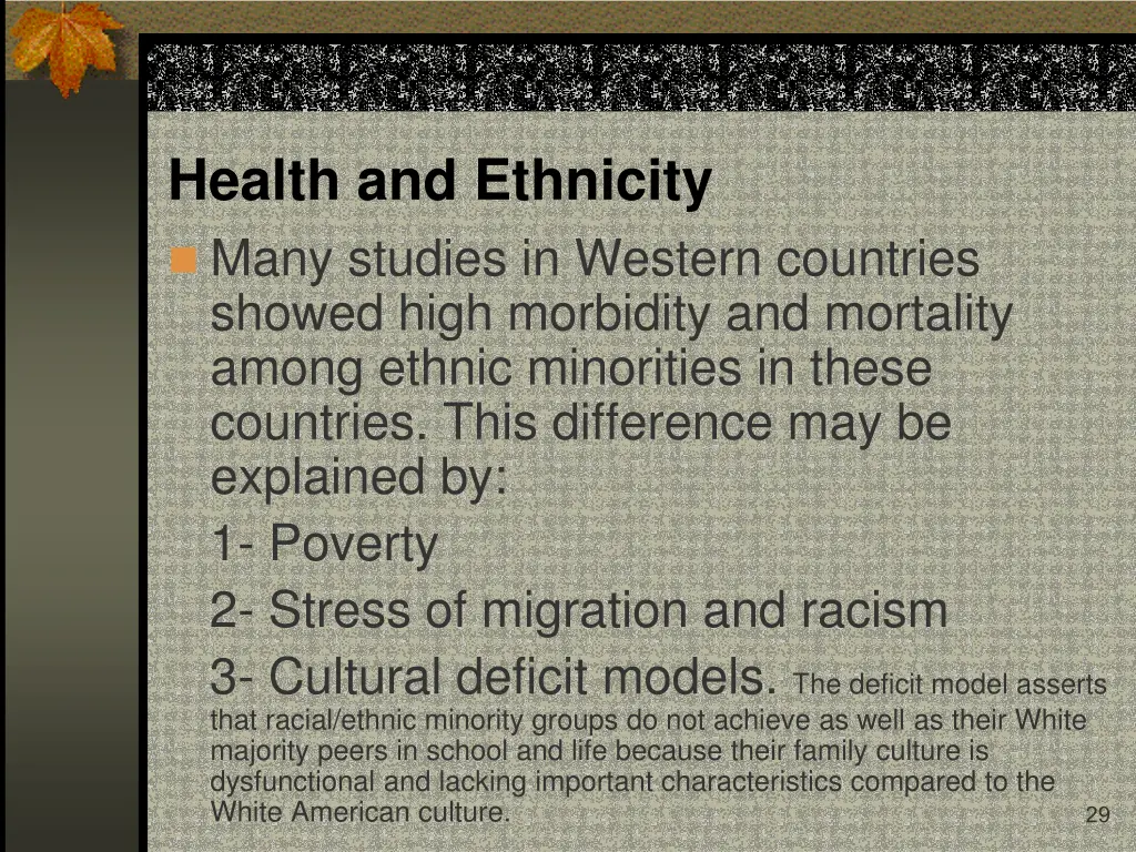 health and ethnicity many studies in western