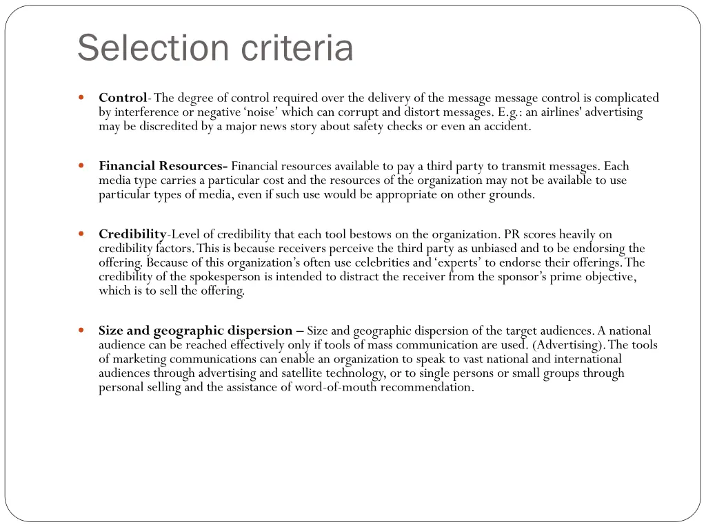 selection criteria