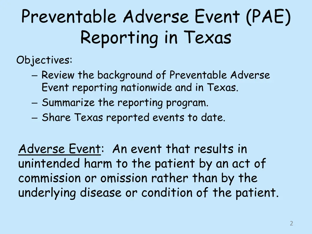 preventable adverse event pae reporting in texas