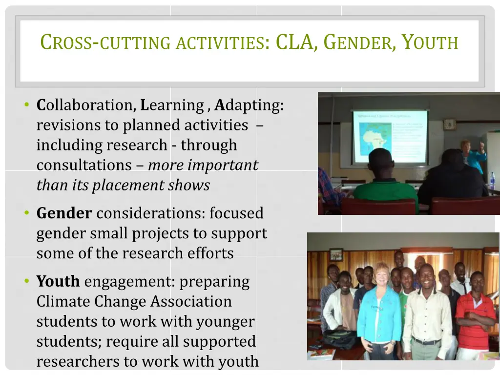 c ross cutting activities cla g ender y outh