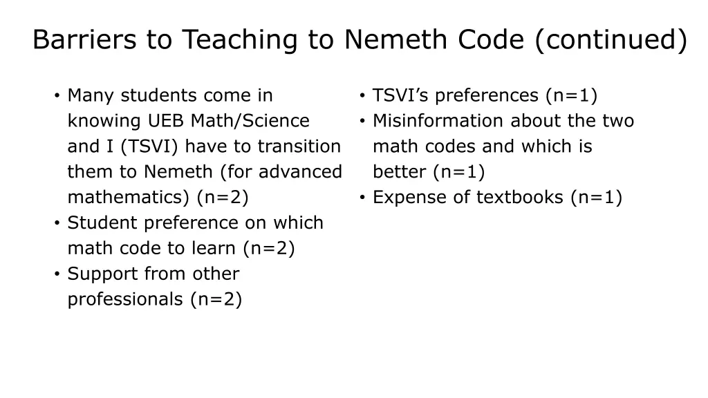 barriers to teaching to nemeth code continued