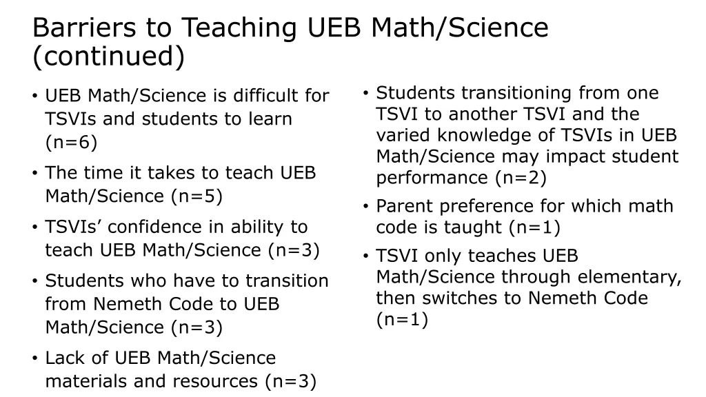 barriers to teaching ueb math science continued