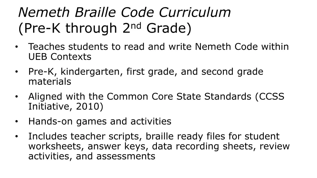 nemeth braille code curriculum pre k through