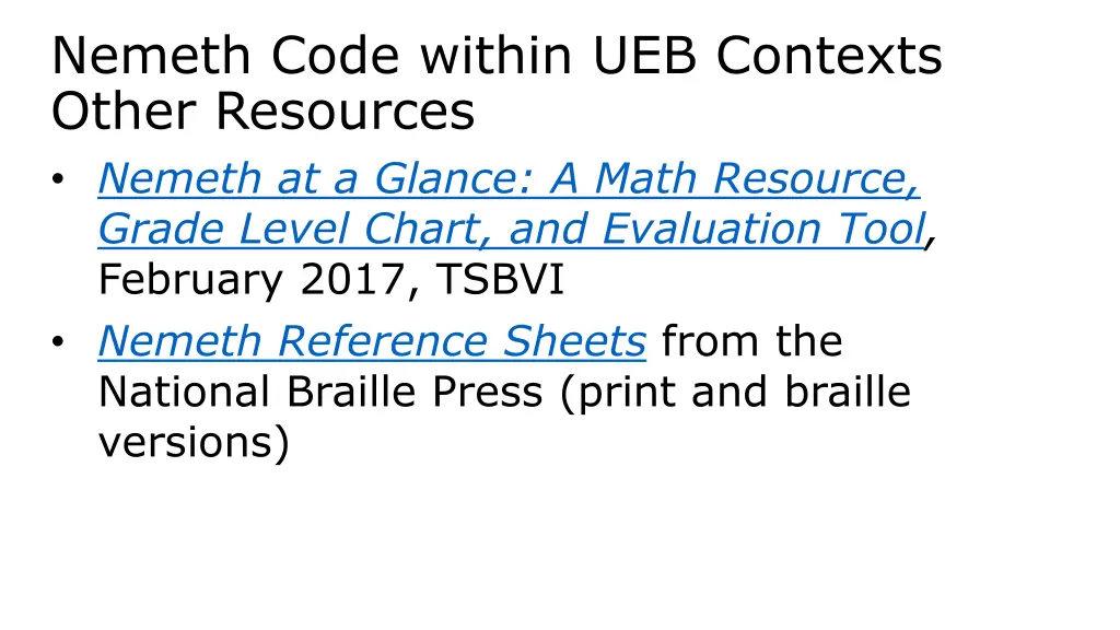 nemeth code within ueb contexts other resources