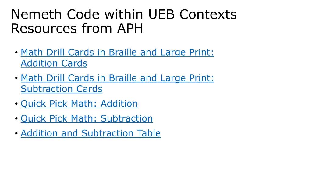 nemeth code within ueb contexts resources from aph